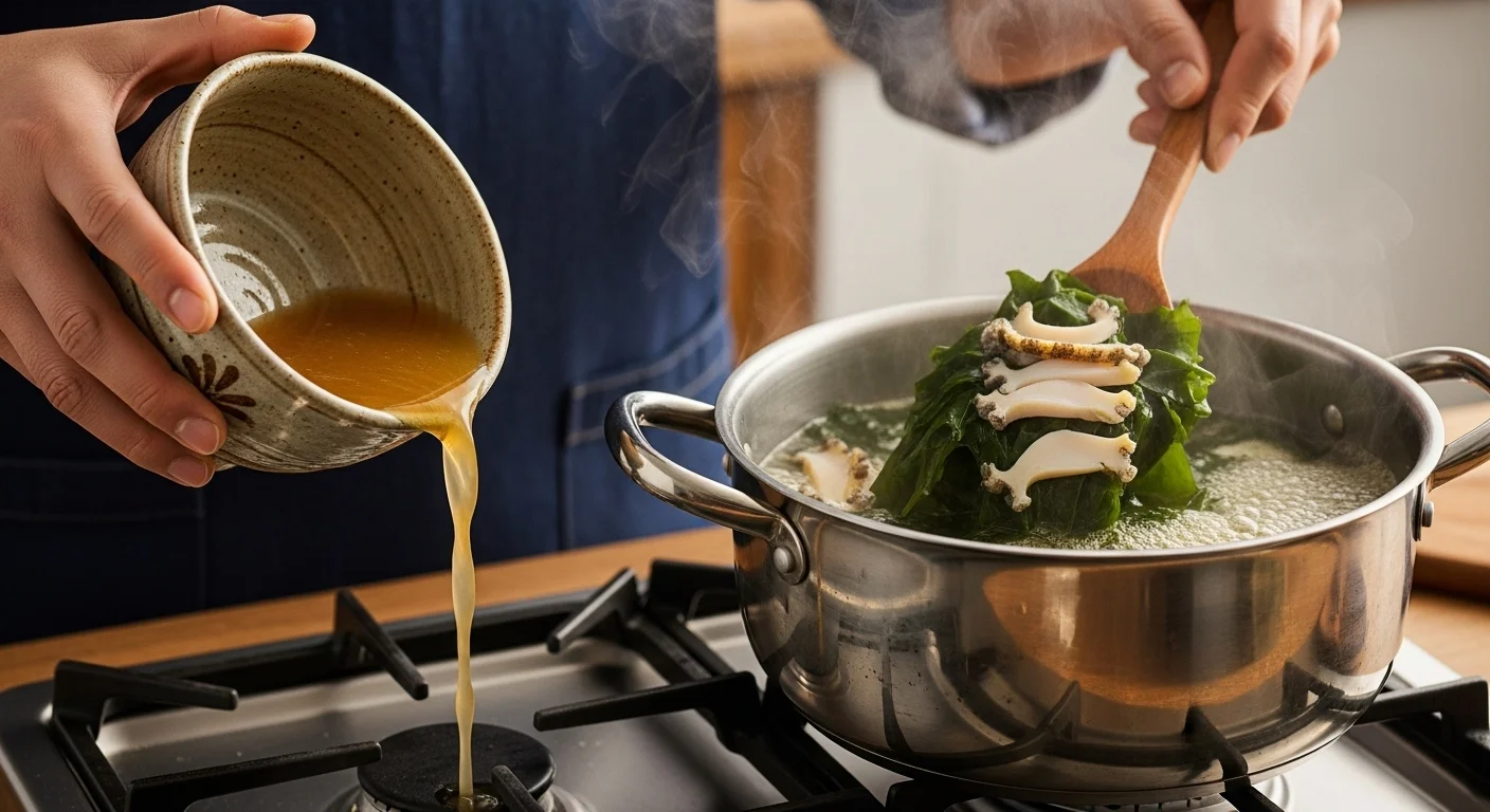 기본 전복미역국 끓이는 순서: 볶기–육수 붓기–끓이기