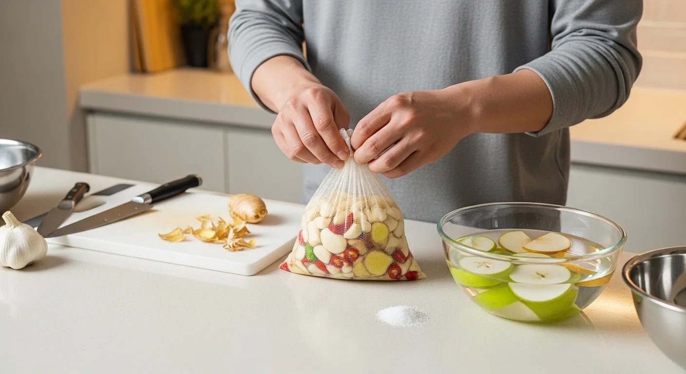 과일 소금물 담금과 향신료 면포망 만들기