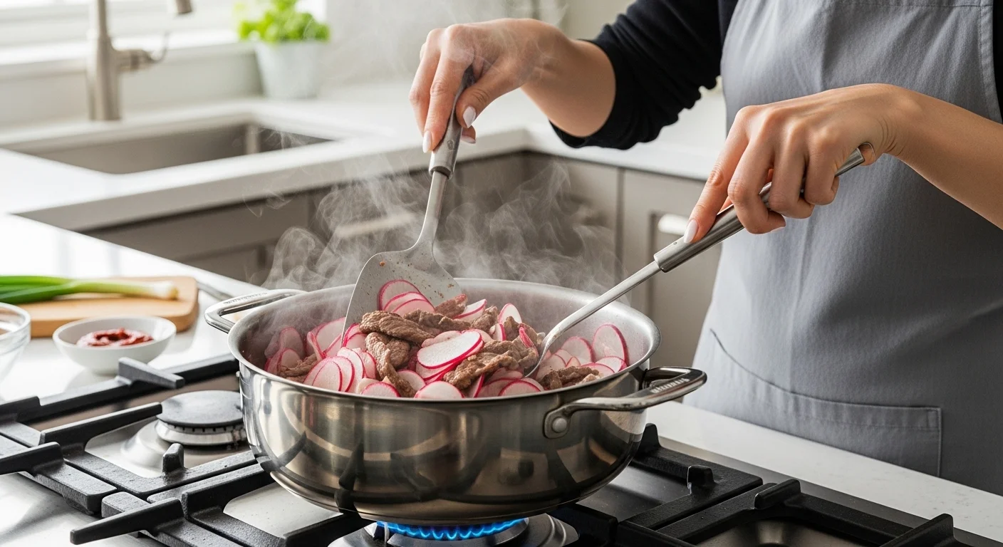 무 나박 썰기와 볶기: 단맛과 부드러움 끌어올리는 기술